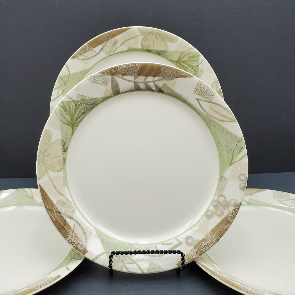 Corelle Textured Leaves Dinner Plates Green Tan Gray Leaf Flower Fern Pattern